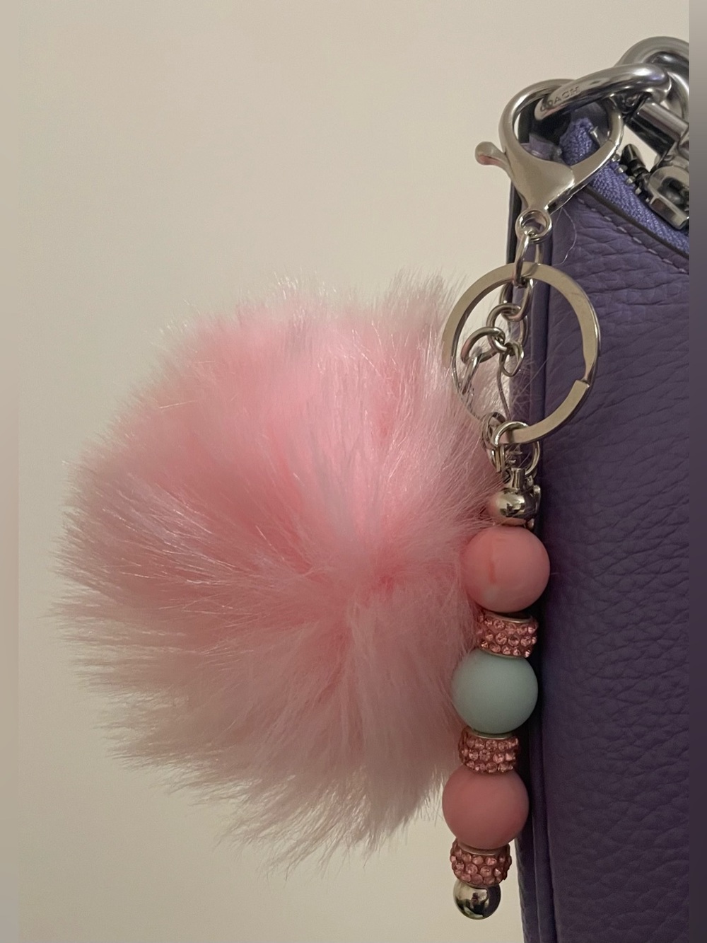 Pink Faux Fur Pom Pom Keychain with Bead Accent-HANDMADE